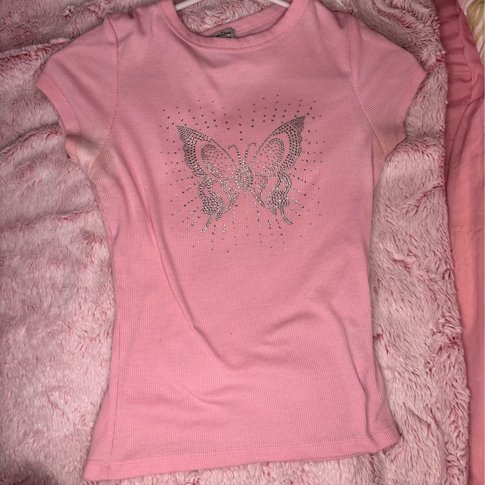 Pink Butterfly Embellished T-Shirt